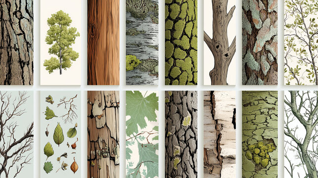 Collection of various tree bark textures and leaves including smooth rugged and cracked surfaces for nature design