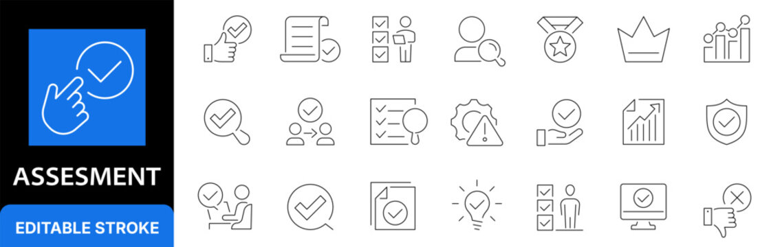 Assess icon set. Evaluation. Result. Audit. Editable stroke. Vector illustration