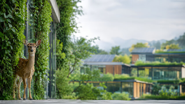 Deer Standing Near Sustainable Green Building, Eco-Friendly Architecture and Future Smart City Concept