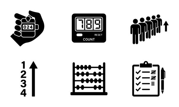 Counting and Calculation Icons: Tally Counter, Digital Display, Queue, Numbered List, Abacus, Checklist Vector Set for Data Analysis and Record Keeping