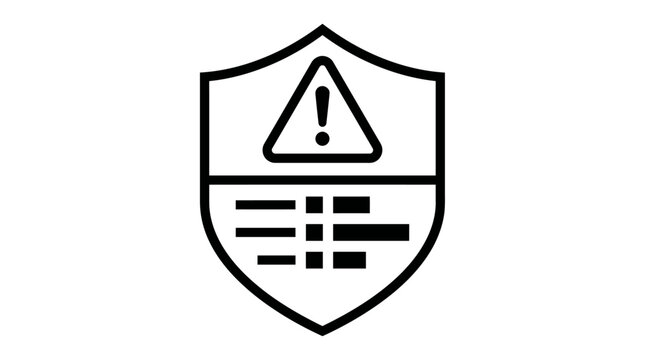 Clean line art minimal risk assessment icon, depicting a shield symbol with an alert warning triangle and data analysis bars, illustrating security evaluation, policy management, and compliance status