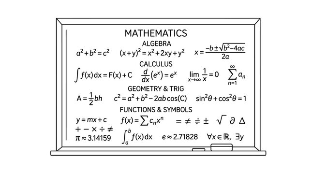 A whiteboard displaying various mathematical formulas and symbols, categorized into Algebra, Calculus, Geometry & Trig, and Functions & Symbols.