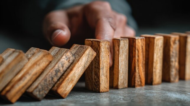 Human finger pauses a row of standing wooden blocks about to cause a chain reaction