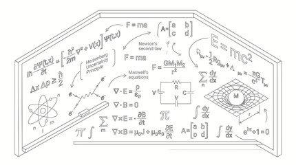 Fototapeta premium A comprehensive illustration of fundamental physics equations and concepts, including relativity, electromagnetism, and quantum mechanics, presented on a whiteboard.