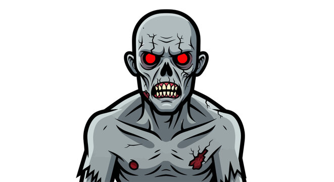 Close up of a menacing zombie with glowing red eyes and tattered skin.