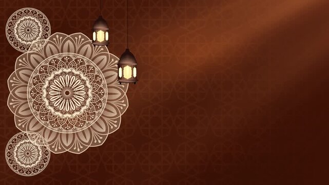 Islamic ornament video with black shiny Arabic style background and mandala flower circle animation for Ramadan Kareem, Eid Mubarak and Islamic background. with empty space. Looping Background.