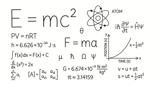 A collage of fundamental physics and chemistry equations, symbols, and diagrams, including E=mc&sup2;, F=ma, PV=nRT, and atomic models.