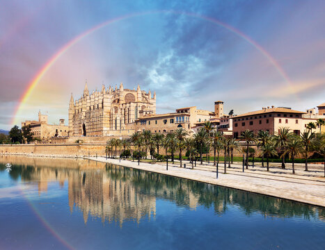 Spain, Rainbow over The cathedral of Palma de Mallorca