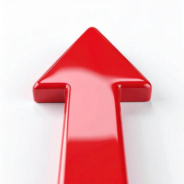 Red glossy arrow pointing upwards, isolated on white background, clean direction guide symbolism, modern business improvement