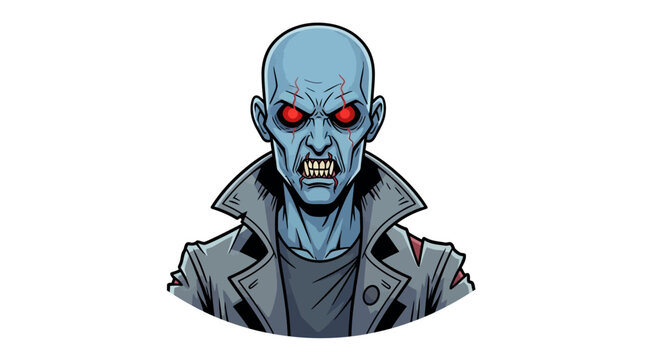 Menacing blue-skinned monster with red glowing eyes and sharp fangs illustration.