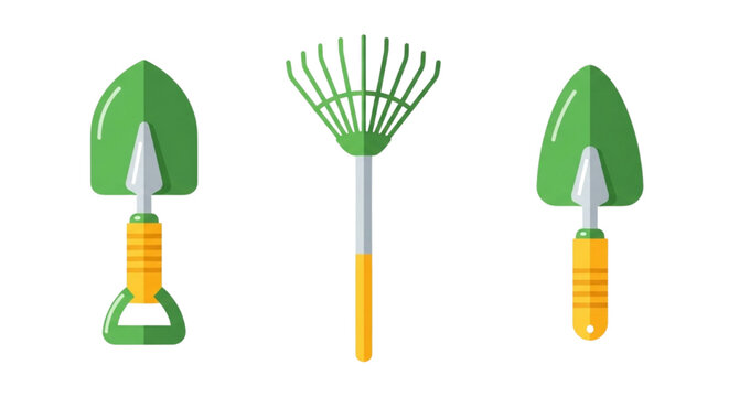 Flat Gardening Tools Set - Green Hand Trowel Shovel and Rake Icons for Horticulture