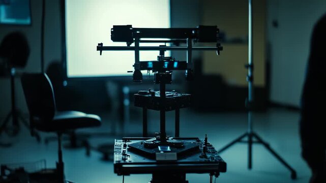 Person operating a high tech optical motion tracking camera rig in a dim studio, capturing precise 3d movement data for vr, animation, film and research projects