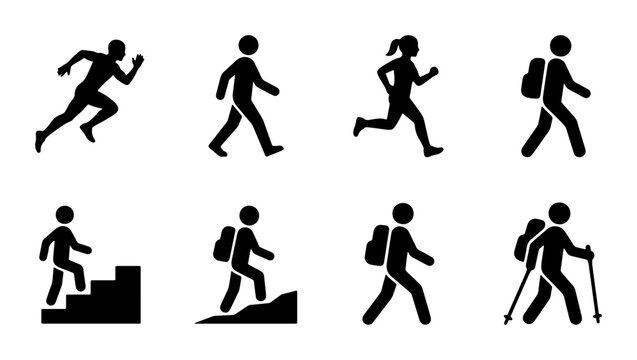 Diverse Human Activity Icons: Running, Walking, Hiking, Stair Climbing, Nordic Walking, Set of 8 Black Silhouette Vector Graphics for Fitness and Lifestyle Concepts