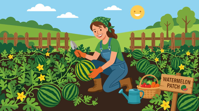 A happy female gardener wearing denim overalls tends to her lush watermelon patch in a vibrant outdoor summer vegetable garden