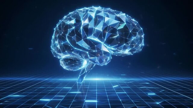 Futuristic AI brain technology sparks innovation on digital grid floor with neural network and data processing.