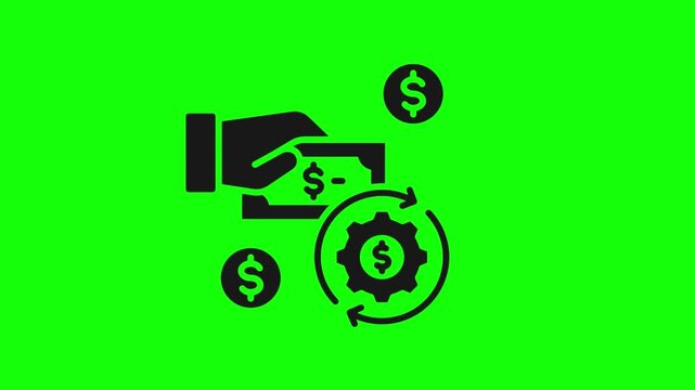 Animated payment processing icons with gears and dollar signs on a green screen background loop