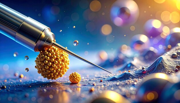 Microscope probe analyzing golden particles in futuristic laboratory setting