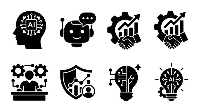 AI Technology Icons Set, Artificial Intelligence Concepts, Machine Learning, Robotics, Data Analysis, Business Growth, Innovation, Digital Transformation Vector Graphics