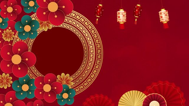 This Chinese New Year background template features a moon background, suitable for all zodiac signs. Festive floral designs and moving Chinese umbrella and lantern ornaments.