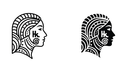Stylized tribal woman profile portrait with intricate geometric patterns in black and white vector art design for modern cultural branding identity and ethnic fashion illustration concepts © Ryan