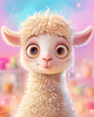 Fototapeta premium Cute baby alpaca with fluffy white fur and big brown eyes. Soft pastel background with glowing bokeh lights. Sweet, innocent expression perfect for children's media or gentle branding