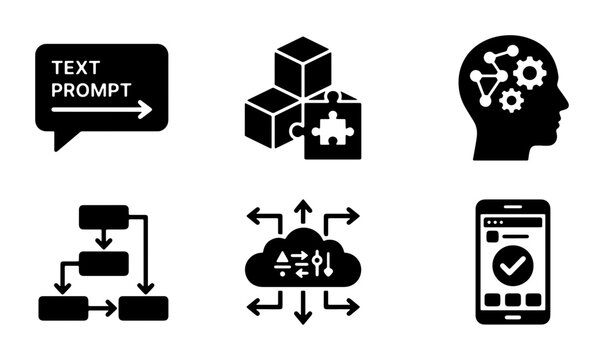 AI Technology Icons Set: Text Prompt, Puzzle Blocks, Brain Network, Flowchart, Cloud Computing, Mobile App Verification