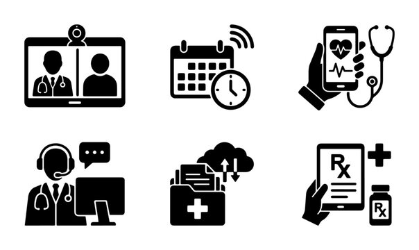 Medical Technology Icons Set: Telemedicine, Health App, Calendar, Support, Data Cloud, Prescription, Vector Graphics
