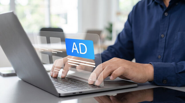 Laptop workspace with floating AD icon representing online advertising and paid media campaign