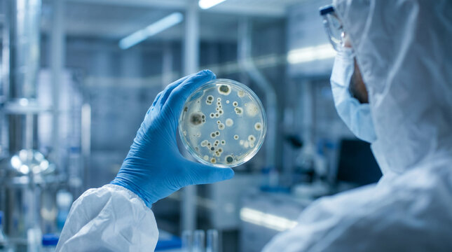 Laboratory scientist holding contaminated petri dish with mold and bacteria growth for microbiology research