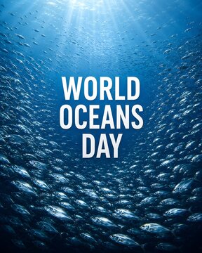 World Oceans Day poster with ocean waves and sunlight reflection on blue water background
