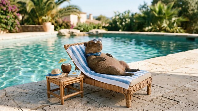 Capybara wearing sunglasses relaxing on lounge chair by swimming pool. Summer holiday travel concept with animal resting on vacation. Luxury villa poolside scene with exotic mammal.