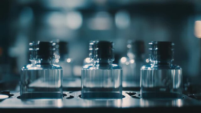 Clear glass vials traveling along a manufacturing conveyor belt, part of a sterile industrial process for packaging healthcare and cosmetic products in a controlled environment