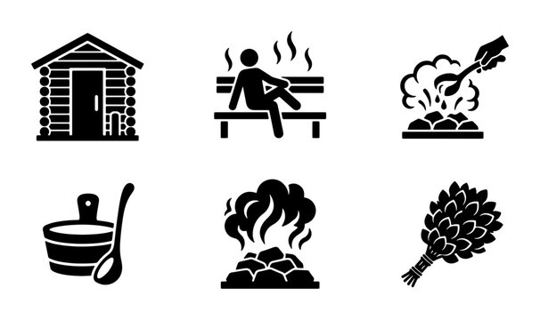 Sauna Icons Set: Wooden Cabin, Steaming Benches, Hot Stones, Birch Whisk, Bucket, Steam. Wellness and Relaxation Vector Graphics for Spa and Health Concepts.