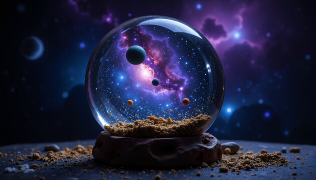Glaskugel mit Miniatur-Universum, Planeten und Galaxie auf felsigem Untergrund im Weltraum-Design als Hintergrund