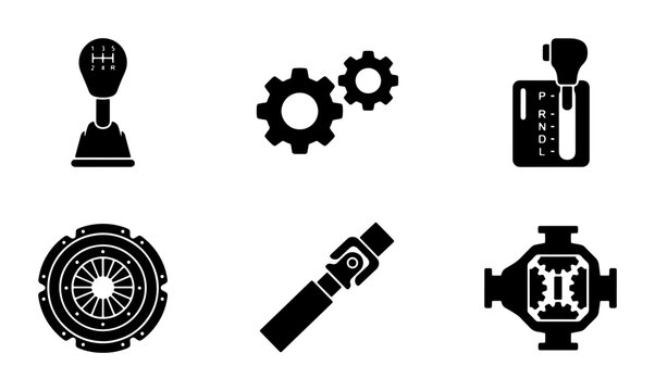 Automotive Drivetrain Components Vector Icons: Manual Gearbox, Automatic Shifter, Clutch, Driveshaft, Differential, Gears