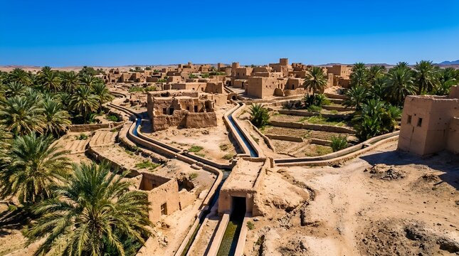 Aerial View of Ancient Omani Mud-Brick Village with Falaj Irrigation System and Date Palms under Blue Sky