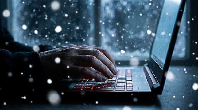 Close up photo of a person typing on a laptop computer during a cold winter night