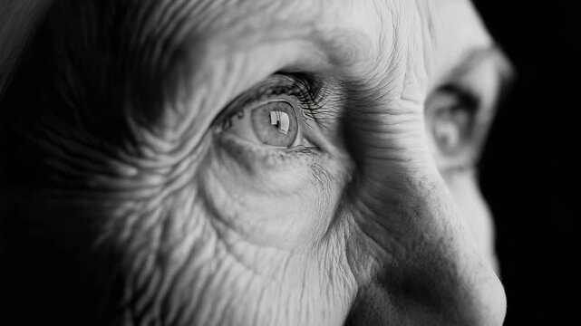 Close-up images show an elderly woman&rsquo;s eyes. Each frame highlights the unique details in her eyes and skin. The setting is simple and focuses on emotion and experience over time