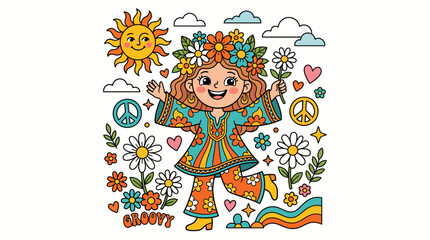 Obraz premium Groovy Hippie Girl with Flowers in Vector Illustration Retro Vibe 60s 70s