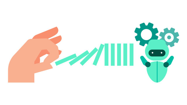 Abstract concept of business automation where a human touch triggers a domino effect of AI driven tasks for rapid execution and seamless operational flow