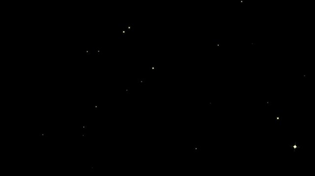 Celestial pixie dust trail with twinkling white glitter bursts, luxury sparkle doodle stars, shimmering fairy particles and fast cartoon starlight motion on seamless black 4K background.