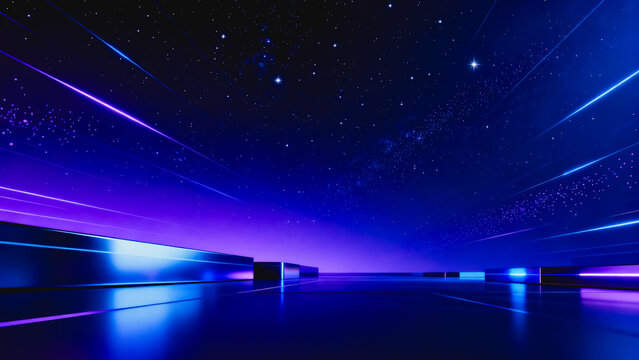 This is a minimalist futuristic cyberpunk scene, featuring glowing neon light beams against a starry dark night sky with reflective glossy floor.