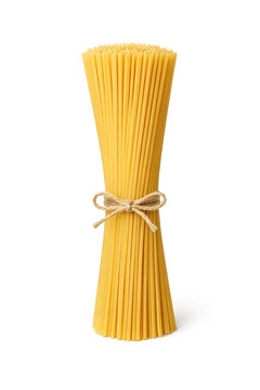 A tightly bunched bundle of yellow pasta, accented with a twisted brown string bow. This bow is tied into a simple knot, adding to the rustic appearance of the image.