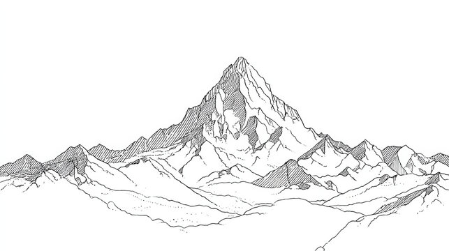 Detailed black and white mountain landscape sketch with towe peaks and rugged terrain nature scene