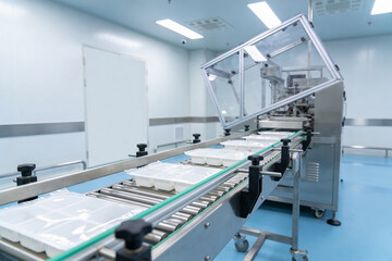 Fototapeta premium Automated packaging line in a sterile cleanroom environment for product manufacturing