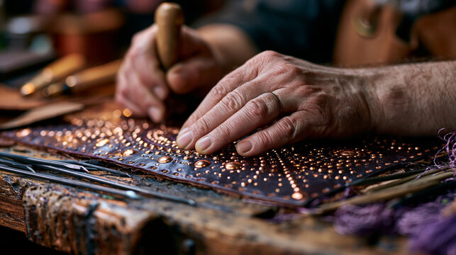 Artisan hands press copper rivets into vegetable-tanned leather on a worn oak workbench, luxury handbag hardware detail in dramatic side lighting, scattered awls and thread nearby, ideal for handmad