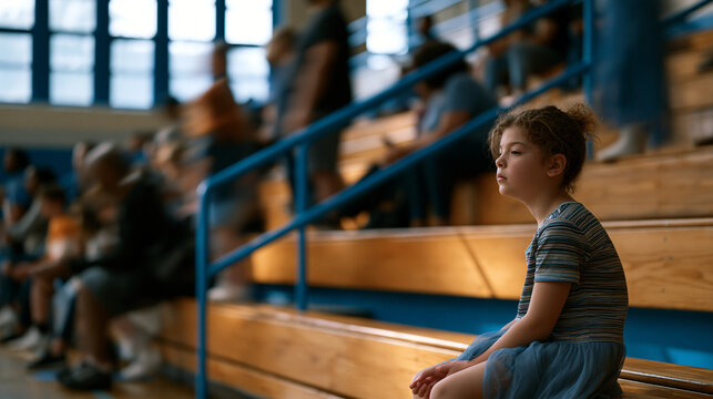 Back to school nerves visible in a child sitting alone on a gymnasium bleacher during orientation, small and still against the vast echoing space, other families blurred in motion around them, after