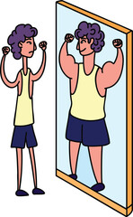 Obraz premium Thin young man looking at muscular reflection in mirror representing self perception confidence and body image concept