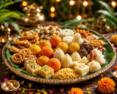 Traditional indian sweets and snacks platter for diwali festival celebration