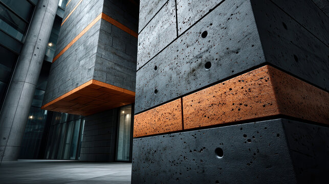 Modern architectural building exterior with concrete and brick textures showcasing contemporary urban design features